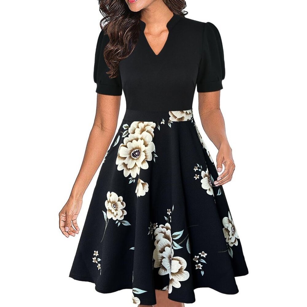 Women Black Floral Short Puff Sleeve Flare Semi-Formal Summer Dress With Pockets